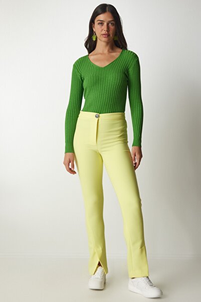 Happiness İstanbul Női világoszöld V-nyakú bordás alapblúz BV00096