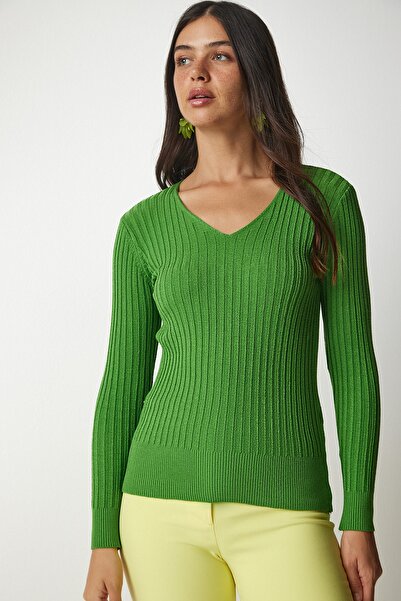 Happiness İstanbul Női világoszöld V-nyakú bordás alapblúz BV00096