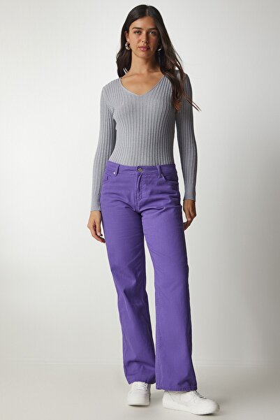 Happiness İstanbul Szara, prążkowana bluzka damska z dekoltem w kształcie litery V BV00096