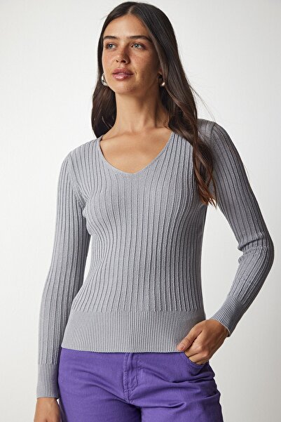 Happiness İstanbul Szara, prążkowana bluzka damska z dekoltem w kształcie litery V BV00096