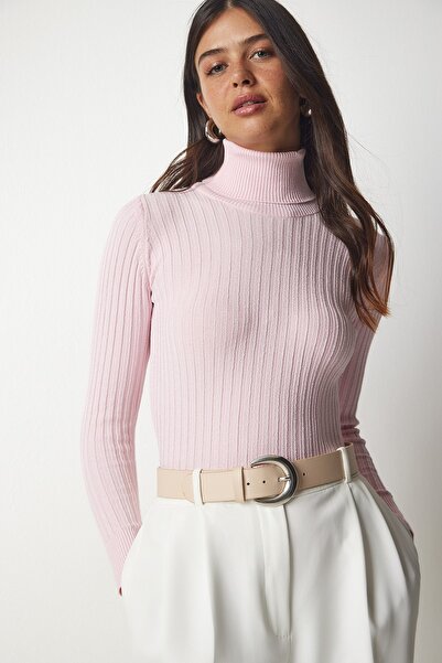 Happiness İstanbul Női világos rózsaszín garbó bordás Basic pulóver bv00095