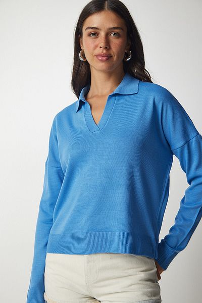 Happiness İstanbul Woman's Light Blue Polo Collar Basic Sweatshirt bv00094