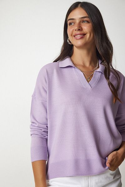 Happiness İstanbul Damski sweter basic z kołnierzykiem polo w kolorze liliowym bv00094