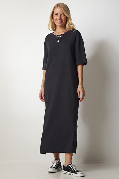 Happiness İstanbul Rochie de damă neagră din bumbac pieptănat zilnic din bumbac UB00119