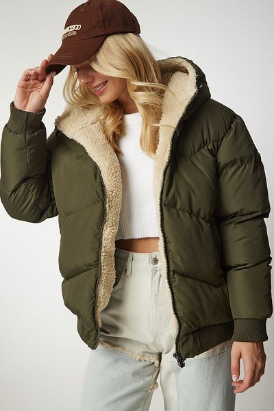 Happiness İstanbul Khakifarbene Pufferjacke mit Kapuze für Damen VP00006