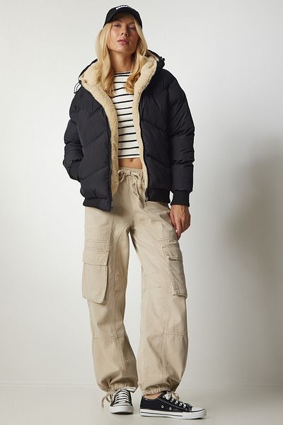 Happiness İstanbul Schwarze Pufferjacke mit Kapuze für Damen VP00006