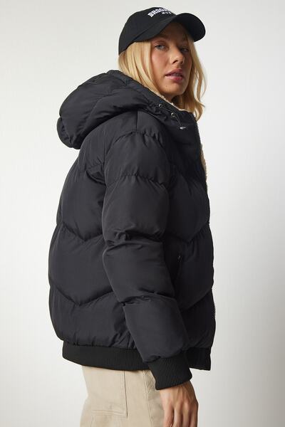 Happiness İstanbul Dámská černá bunda Puffer s kapucí VP00006