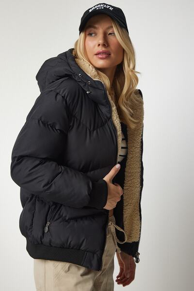 Happiness İstanbul Dámská černá bunda Puffer s kapucí VP00006