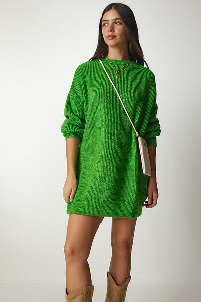 Happiness İstanbul Hellgrüner, langer Oversize-Strickpullover aus Basic-Baumwolle für Damen BV00099