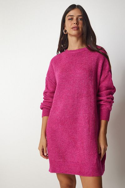 Happiness İstanbul Damski różowy, oversize'owy, długi, podstawowy sweter z dzianiny BV00099