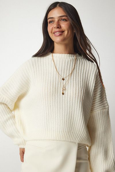 Happiness İstanbul Damen-Sweatshirt mit Ballonärmeln und Knochenmuster, Basic-Strickware, BV00098