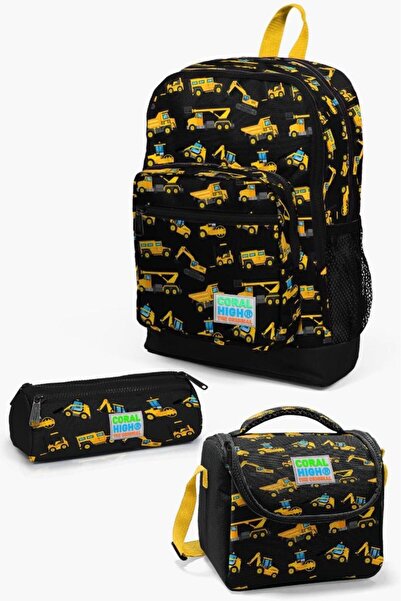 Coral High Kids Siyah Sarı İş Makinesi Desenli 3’lü Okul Çanta Seti SET0123475