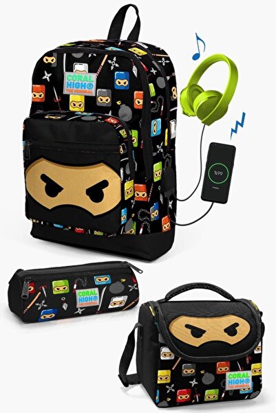 Coral High Kids Black Ninja Patterned 3-Piece School Bag Set with USB SET0123285