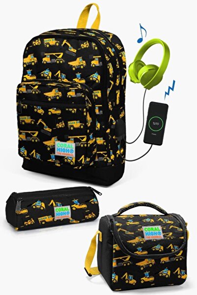 Coral High Kids Black Yellow Construction Machine Patterned 3-Piece School Bag Set with USB SET0123288