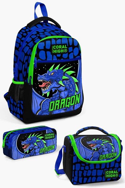 Coral High Set de genți de școală din 3 piese cu model Saks Dragon negru pentru copii 0123485