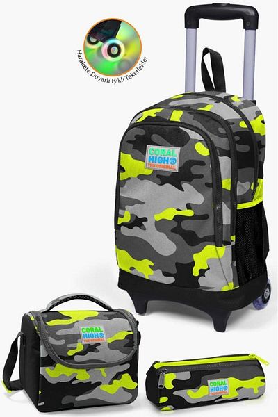 Coral High Set de genți pentru copii, negru, gri, cu model de camuflaj, 3 piese, cu racletă SET0123137