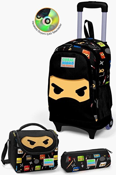 Coral High Kids Black Ninja Patterned 3-Piece Bag Set with Squeegee SET0123381