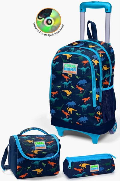 Coral High Set de genți din 3 piese cu model de dinozaur bleumarin pentru copii, cu racletă SET0123135