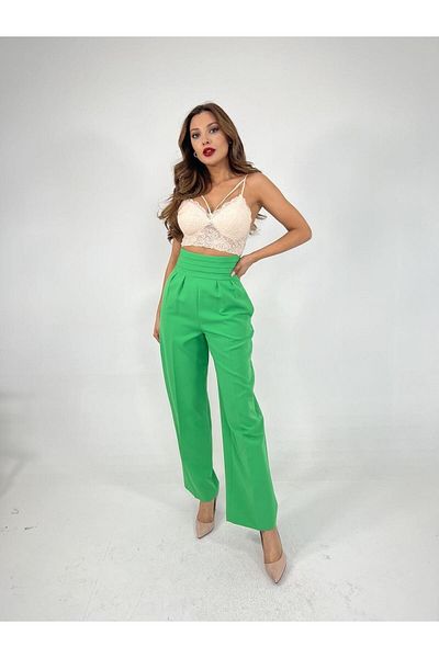 Womenist34 Wide Leg Ecru Women's Fabric Trousers with Waist Detail