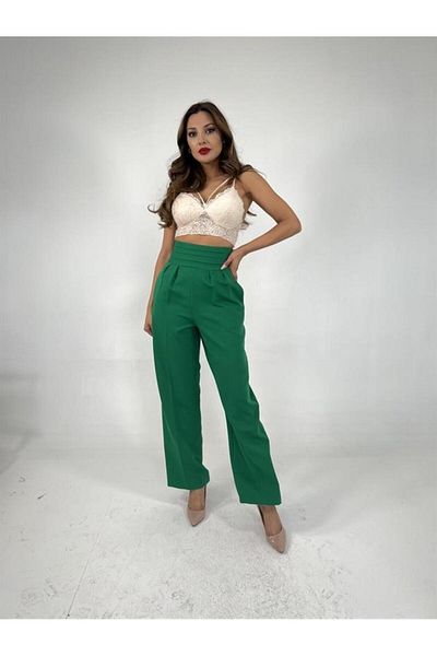 Womenist34 Wide Leg Ecru Women's Fabric Trousers with Waist Detail