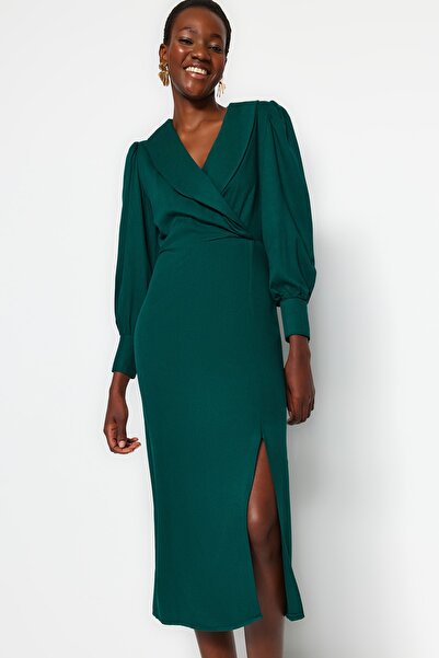 Trendyol Collection Smaragdzöld Midi, kétsoros nyakú, részletes, szövött, szövött ruha TWOAW21EL0230