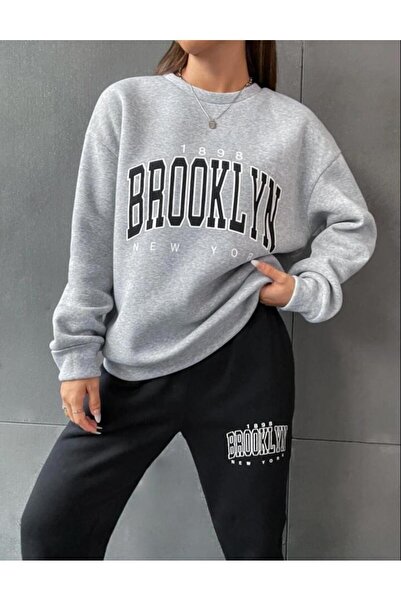 AFROGİYİM Dámská tepláková souprava s potiskem Brooklyn New York Oversize Crew Neck