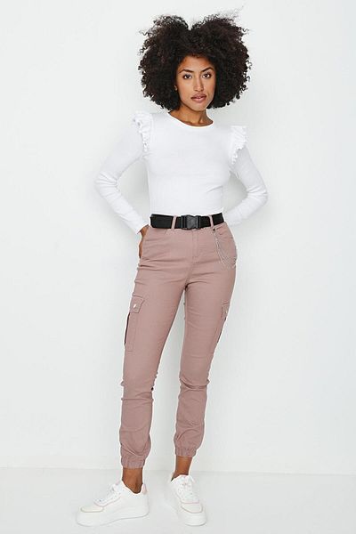 Select Moda Women's Pink Belted Cargo Pocket Elastic Leg Trousers