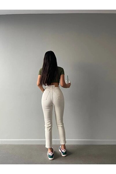 MAKRAS EXCLUSIVE Maria Women - Ανοιχτό Μπεζ Κρέμα, Ψηλόμεση, Comfort Lycra Jeans