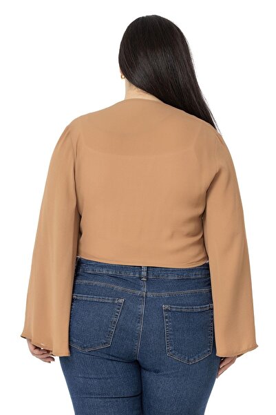 DISENTIS MODEST Plus Size Spanish Sleeve Front Tie Camel Bolero