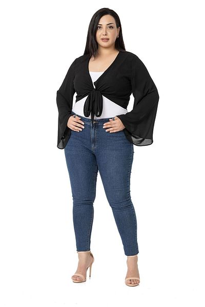 DISENTIS MODEST Plus Size Spanish Sleeve Front Tie Black Bolero