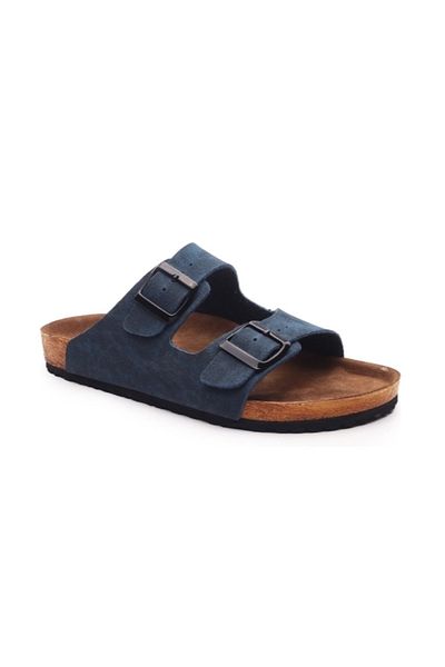 VİZYON Vizyon Women's Navy Blue Double Buckle Cork Sole Slippers