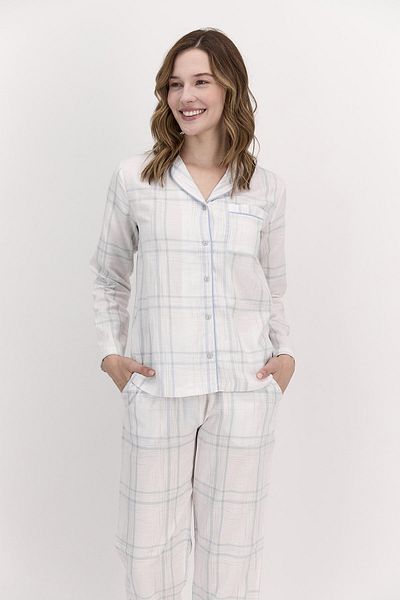Arnetta Set de pijamale cămașă în carouri cu mâneci lungi cu dungi albastru deschis pentru femei