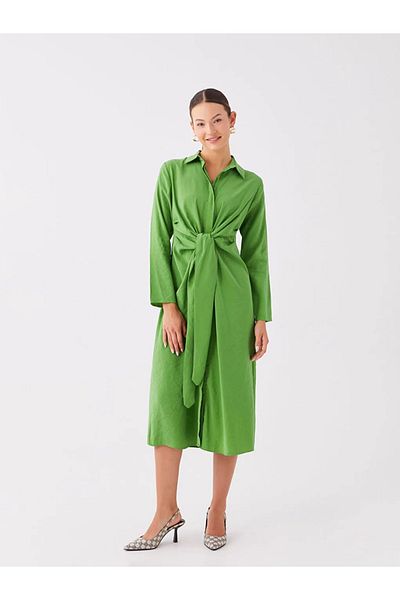 LC Waikiki Lcwaikiki Classic Green Plain Long Sleeve Women's Shirt Dress