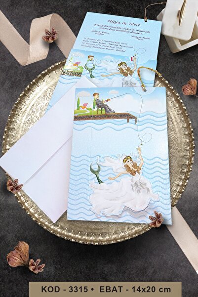 Cem Davetiye Deniz Kızı Temalı Düğün Davetiyesi 3315 (100 Adet) Baskı Dahil