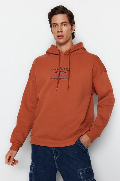 Trendyol Collection Tile Hooded Oversize/Wide Cut Fluffy Text Printed Fleece Inside Sweatshirt Tmnaw24Sw00077