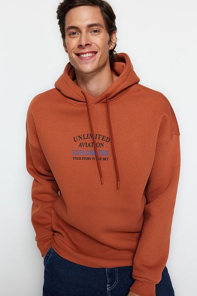Trendyol Collection Tile Hooded Oversize/Wide Cut Fluffy Text Printed Fleece Inside Sweatshirt Tmnaw24Sw00077