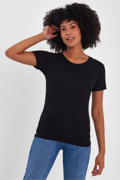 PELİTİSS Women's Short Sleeve Corduroy Black T-Shirt