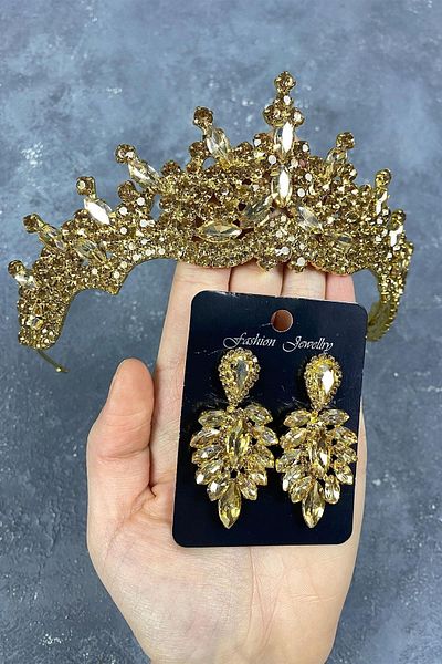 Hayalperest boncuk Tokyo Model Bridal Henna Crown and Drop Stone Earring Set Honey Color