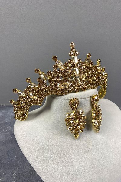 Hayalperest boncuk Tokyo Model Bridal Henna Crown and Drop Stone Earring Set Honey Color