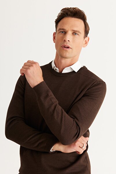 ALTINYILDIZ CLASSICS Men's Brown Wool Standard Fit Regular Cut Crew Neck Knitwear Sweater