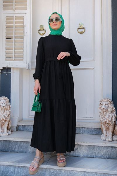 LOCCO Waist Tied Balloon Sleeve Dress Black