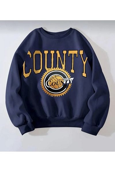 My Blog Navy Blue Oversize County Basketball Printed Sweatshirt