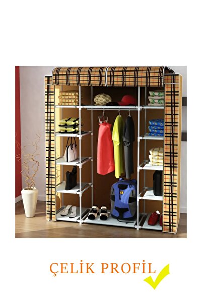 HOLTEK Çift Yandan Çok Raflı Çelik Profilli Bez Dolap Kumaş Gardrop