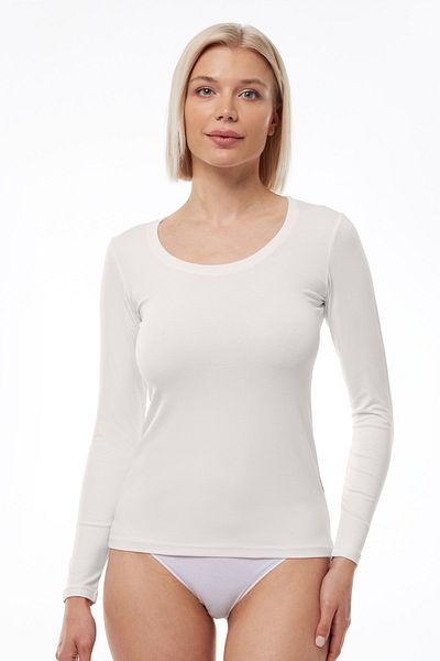 Malabadi Women's Ecru Open Collar Long Sleeve Bodysuit 1038