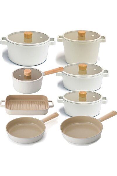 NEOFLAM Fika Alüminyum Döküm Cam Kapaklı 13 Parça Tencere & Tava Seti Bej