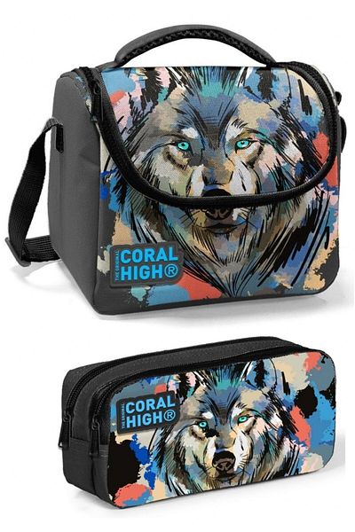 Coral High Set cutie de prânz pentru băiat Grey Black Wolf