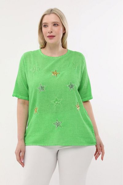 anne moda ankara αστραφτερό σχέδιο αστεριών, κοντό μανίκι, μεγάλος γιακάς, πλυμένο βαμβάκι με πλήρη μύλο, κομψός αποκατάστασης