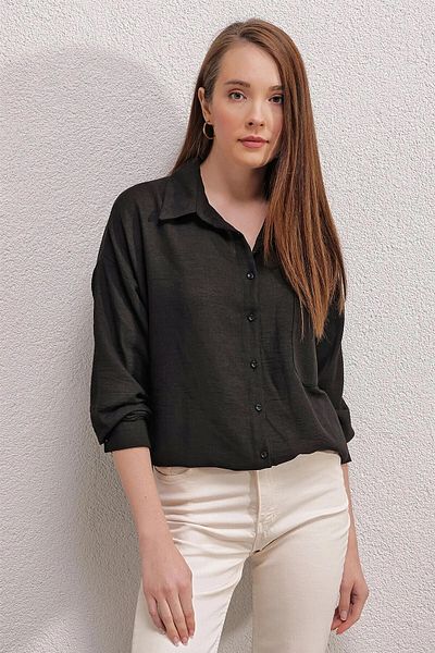 hazelin Cămașă neagră Ayrobin oversize cu un singur buzunar pentru femei Hzl23s-bd1201531