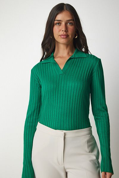 Happiness İstanbul Women's Green Polo Neck Ribbed Knitwear Sweater BV00011