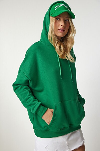 Happiness İstanbul Γυναικείο φούτερ Basic με πράσινη κουκούλα SM00153